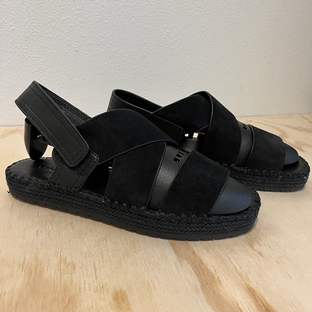 Women's Black Leather Sandals Suede Vince Beach Boardwalk Comfort Whimisgoth 7.5
